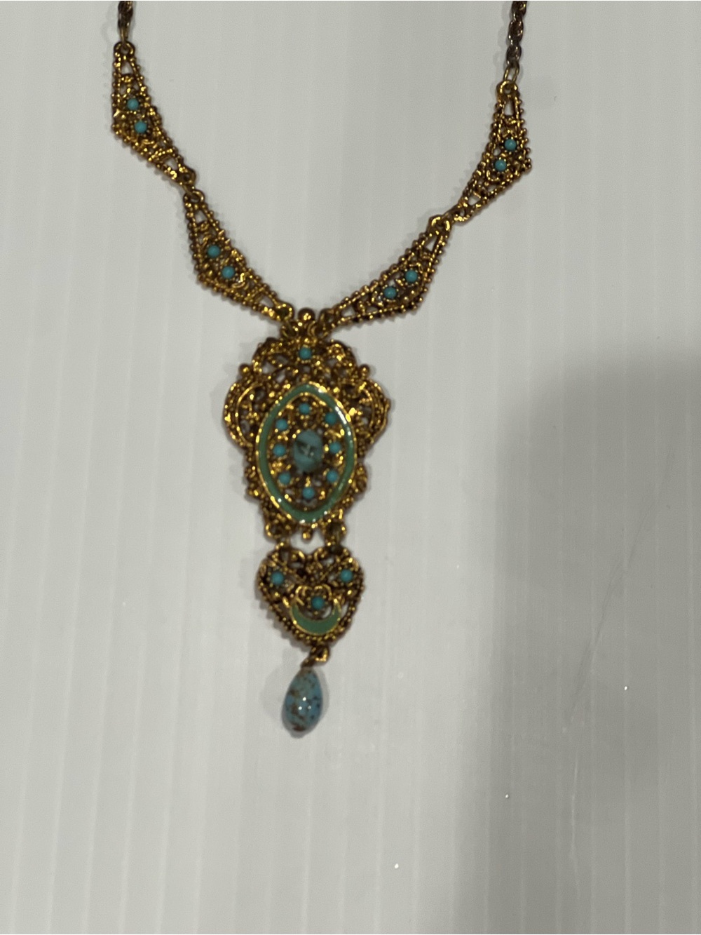 Gold-Tone Filigree Necklace with Turquoise Accents - Picture 2 of 4